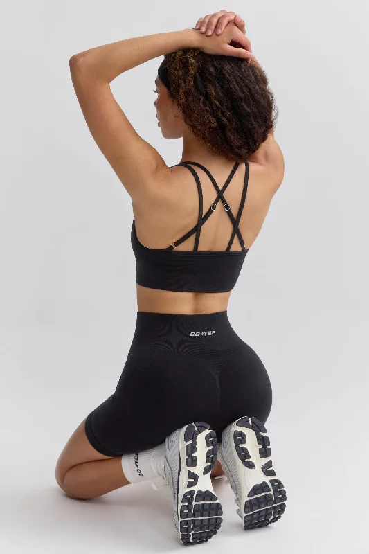 Define Luxe Strappy Sports Bra in Jet Black Wireless Lace Bra