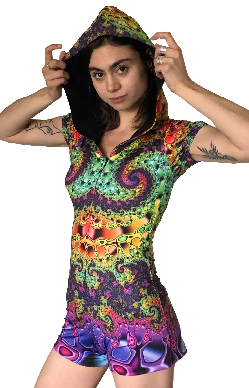 Sublime Hooded Playsuit : Whirlpool Fractal Hoodie with Elastic Waist Stretchable Comfortable