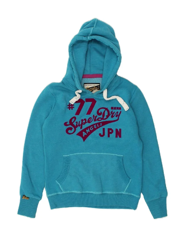 SUPERDRY Womens Graphic Hoodie Jumper  UK 16 Large Blue Cotton Hoodie with Turtle Neck Cozy Winter