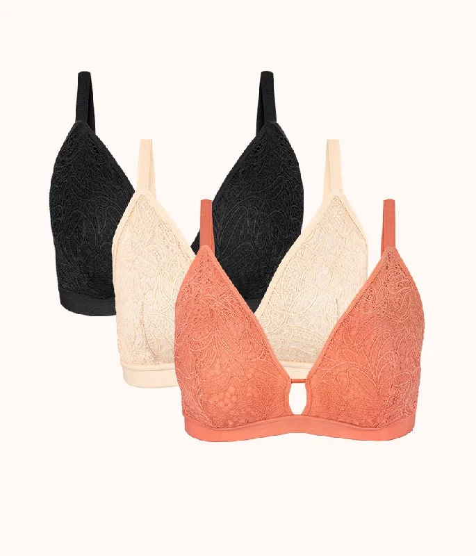 The Palm Lace Busty Bra Trio: Terracotta/Jet Black/Toasted Almond Breathable Full Coverage