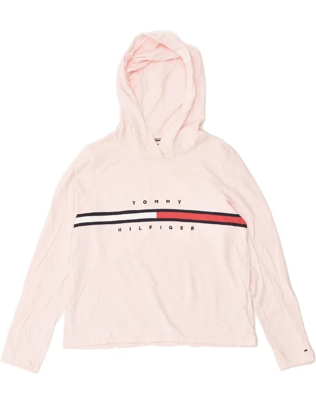 TOMMY HILFIGER Womens Graphic Hoodie Jumper UK 14 Medium Pink Cotton Hoodie with Button Placket Classic Preppy