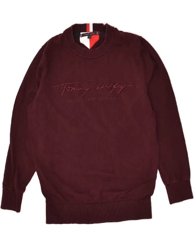 TOMMY HILFIGER Womens Graphic Sweatshirt Jumper UK 10 Small Burgundy Hoodie with Mesh Breathable Sporty