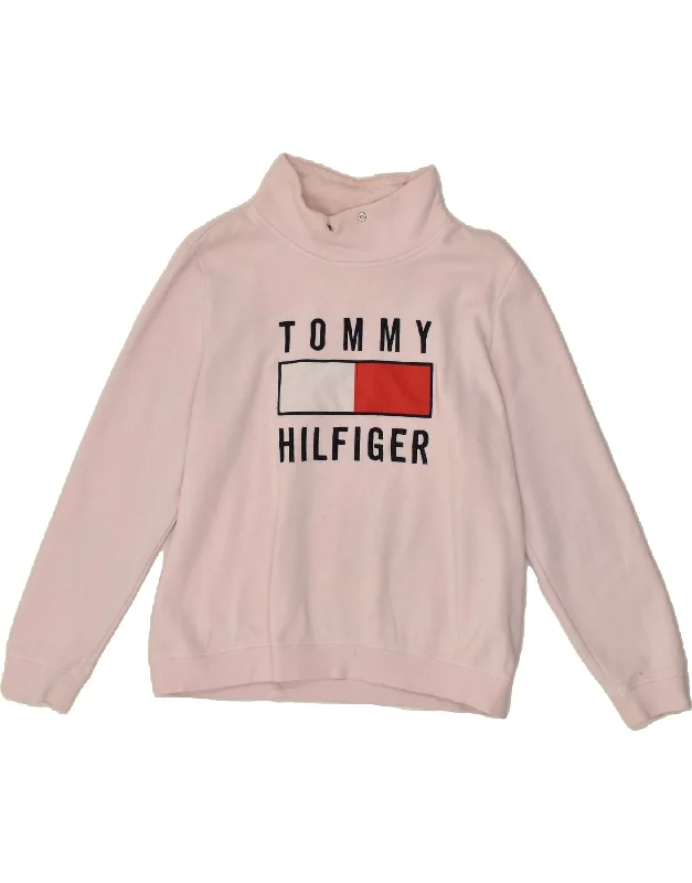 TOMMY HILFIGER Womens Graphic Sweatshirt Jumper UK 16 Large Pink Cotton Hoodie with High-Low Hem Asymmetrical Trendy