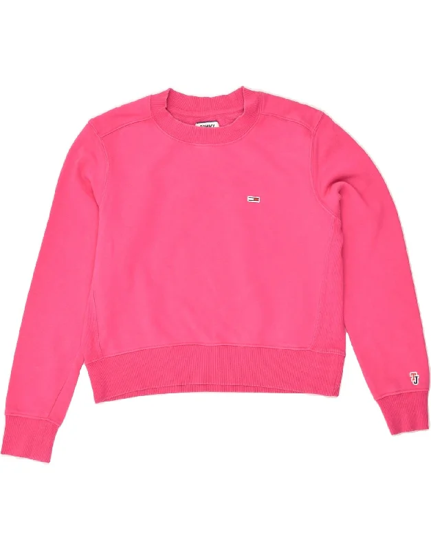 TOMMY HILFIGER Womens Oversized Crop Sweatshirt Jumper UK 10 Small Pink Hoodie with Typography Text Message