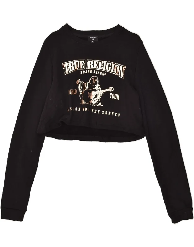 TRUE RELIGION Womens Graphic Crop Sweatshirt Jumper UK 14 Medium Black Hoodie with Strings Custom Fit Adjustable