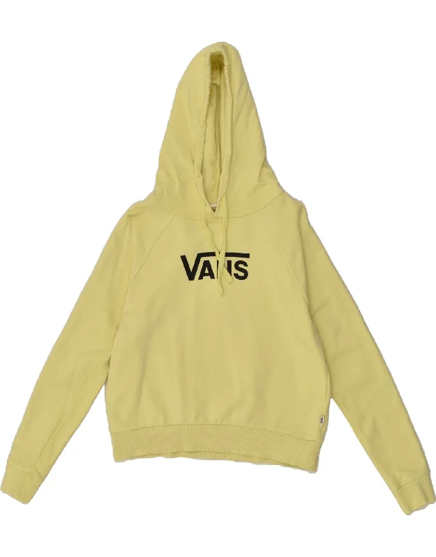 VANS Womens Graphic Hoodie Jumper UK 6 XS Yellow Cotton Hoodie with Front Slit Layering Stylish