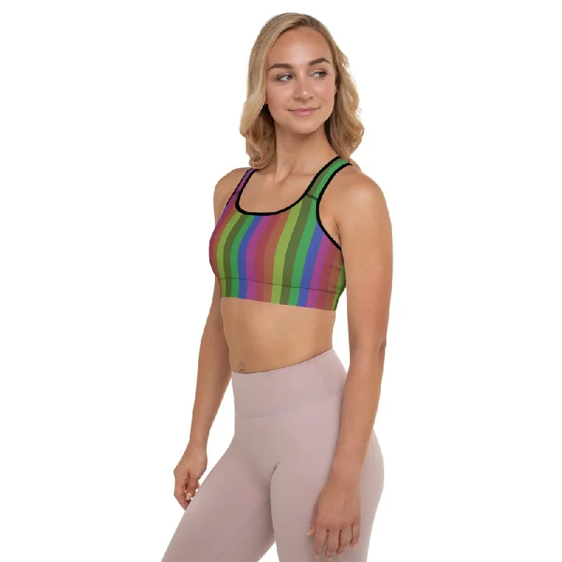 Vintage Style Rainbow Sports Bra, Vertically Stripe Women's Padded Bra-Made in USA/EU Casual Bralette Set