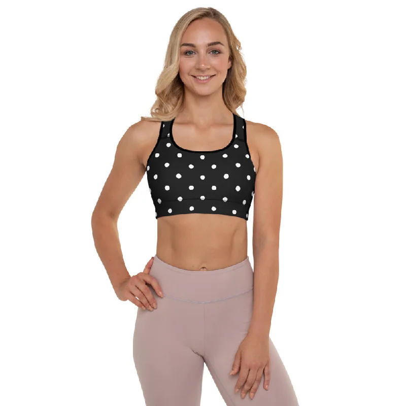 White Dots Padded Sports Bra, Black White Polka Dots Pattern Classic Fitness Gym Bra-Made in USA/EU Sporty Compression Bra