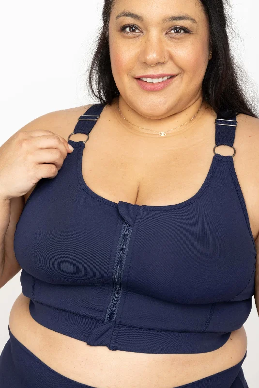 Zip Front Sports Bra - Navy Contour Bra Style