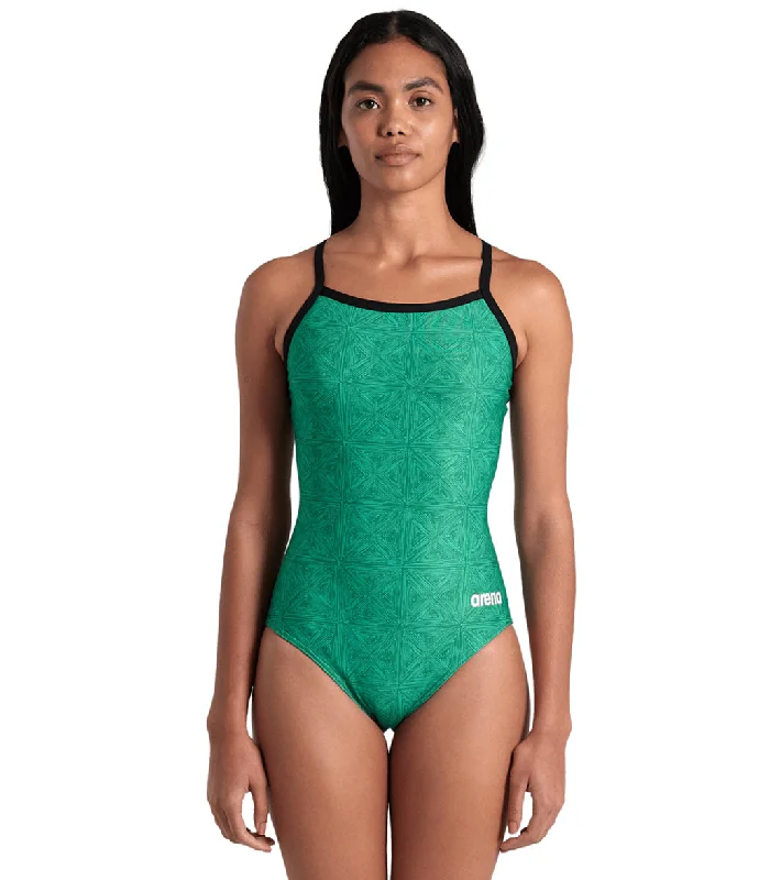 Arena Women's Abstract Tiles Lightdrop Back One Piece Swimsuit Black/Team Green Bold Color Swimsuit