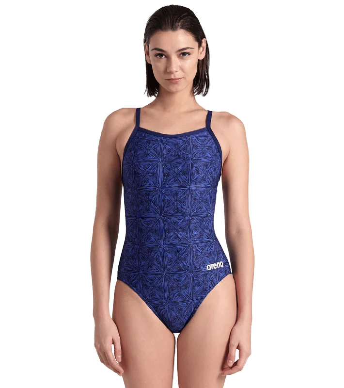 Arena Women's Abstract Tiles Lightdrop Back One Piece Swimsuit Navy/Team Royal Push-Up Bikini Top