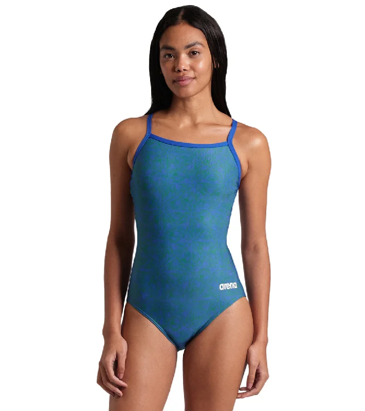 Arena Women's Abstract Tiles Lightdrop Back One Piece Swimsuit Royal/Team Royal Green Strapless Swimsuit Top