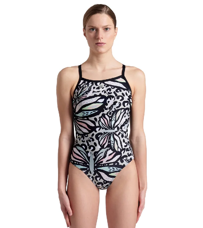 Arena Women's Butterflies Light Drop One Piece Swimsuit Black/Black Multi Tropical Print Bikini