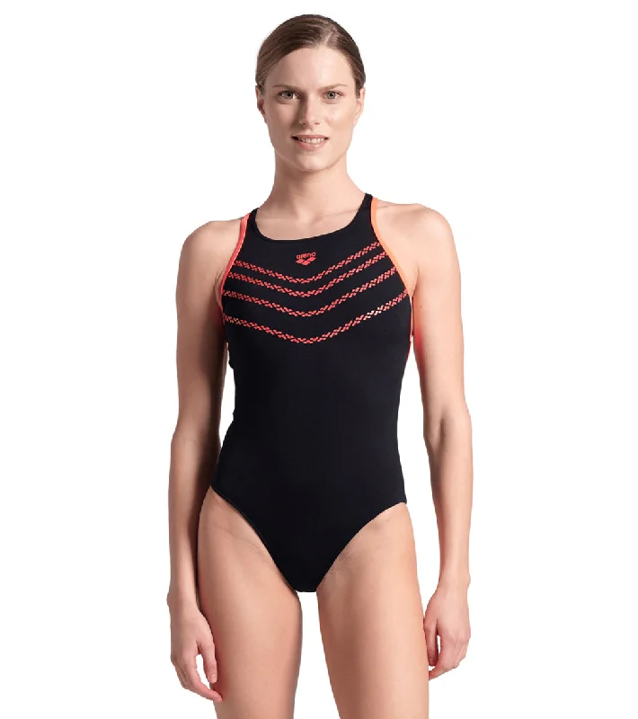 Arena Women's Losange V Pro Back One Piece Swimsuit Black/Bright Coral Sexy Two-Piece Set