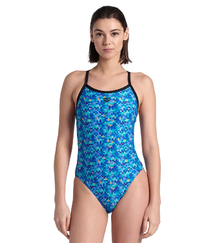 Arena Women's Pooltiles Challenge Back One Piece Swimsuit Black/Blue Multi Comfortable Tankini Set