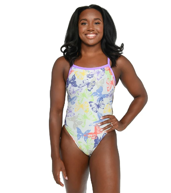 Arena Women's Simone Manuel Butterflies Challenge Back One Piece Swimsuit Mesh Detail Bikini