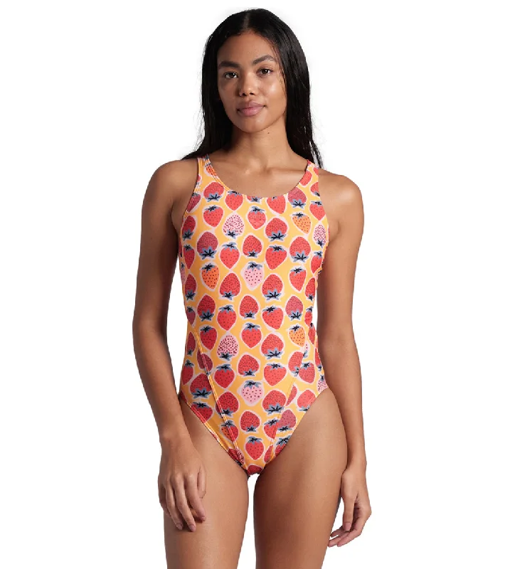 Arena Women's Strawberry Tech Back One Piece Swimsuit Fluo Red/Orange Multi Mesh Detail Bikini