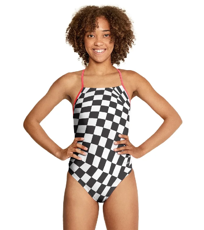 Speedo Women's Printed Tie Back One Piece Swimsuit Distorted Checker Chic Swimsuit Cover-Up