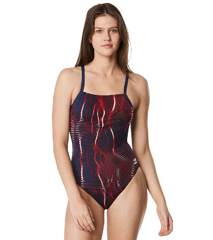 Speedo Women's Solar Boom Flyback One Piece Swimsuit Red/White/Blue Classic Sporty Swimsuit