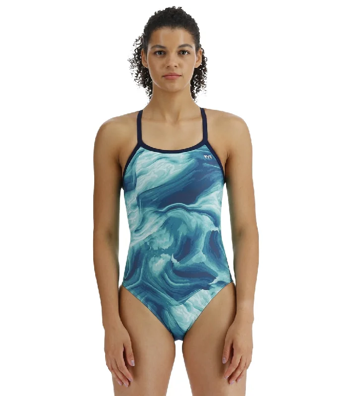 TYR Women's Mezio Diamondfit One Piece Swimsuit Teal/Multi Mesh Panel Swimwear