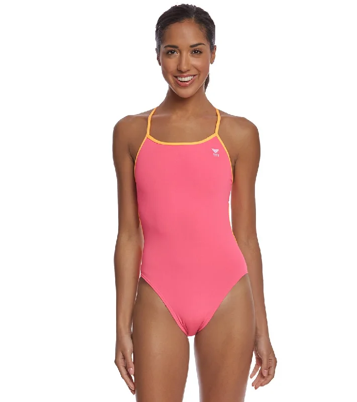 TYR Women's Solid Trinityfit One Piece Swimsuit Fluorescent Pink/Orange Adjustable Bikini Bottoms