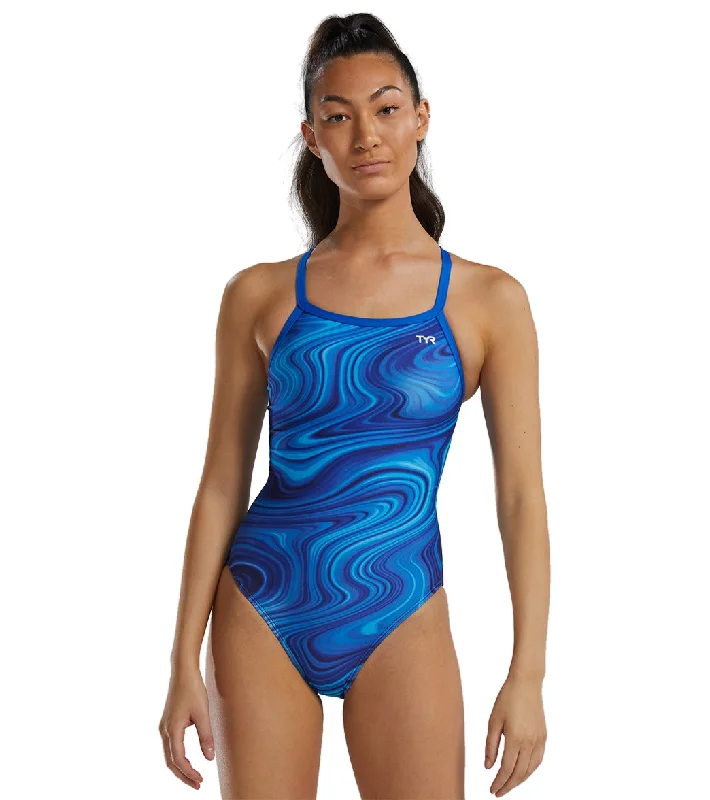 TYR Women's Vitality Durafast Elite Diamondfit One Piece Swimsuit Blue Vintage Swimwear Look