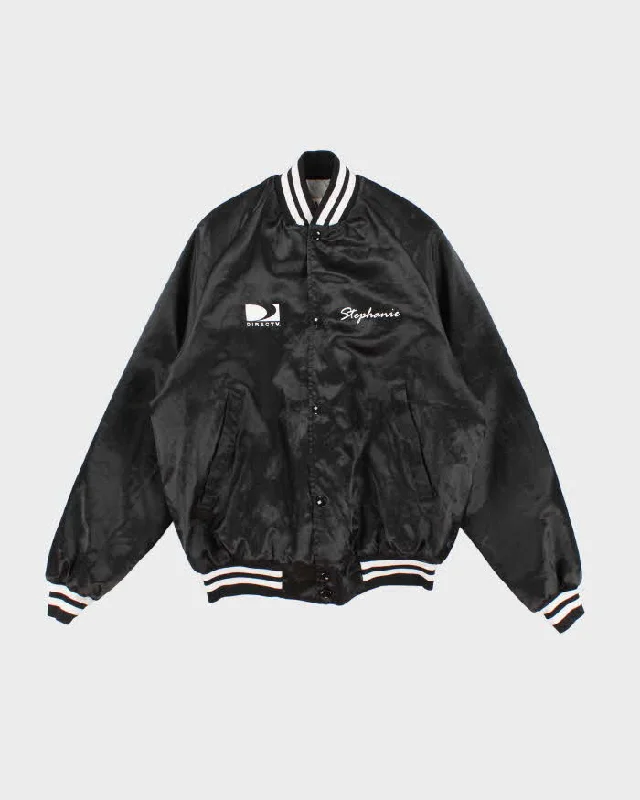 80s Vintage Woman's Black Satin Finish Varsity Jacket - M Snapped Jacket Toggled Jacket Drawstring Jacket 80s Vintage Woman's Black Satin Finish Varsity Jacket - M Snapped Jacket Toggled Jacket Drawstring Jacket
