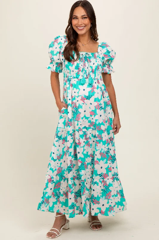 Aqua Floral Puff Sleeve Maternity Maxi Dress Fashionable Layered Maxi Dress