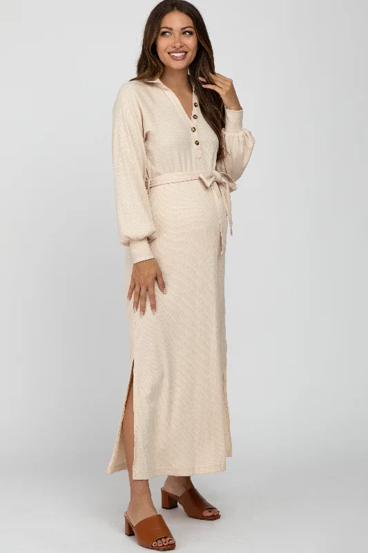 Beige Button Accent Collared Maternity Maxi Dress Comfortable T-Shirt Maxi Dress