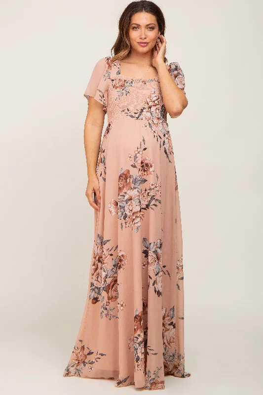 Beige Floral Chiffon Square Neck Smocked Short Sleeve Maternity Maxi Dress Cozy Longline Maxi Dress