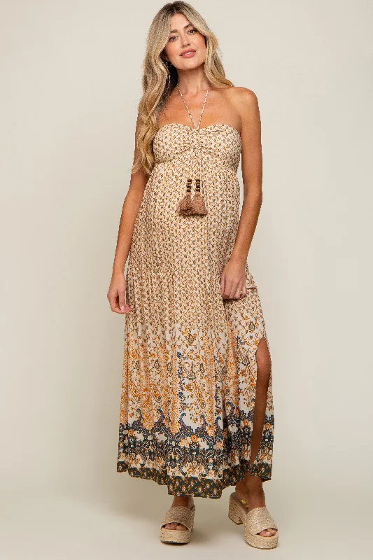 Beige Floral Paisley Halter Maternity Maxi Dress Cozy Cold-Shoulder Maxi Dress