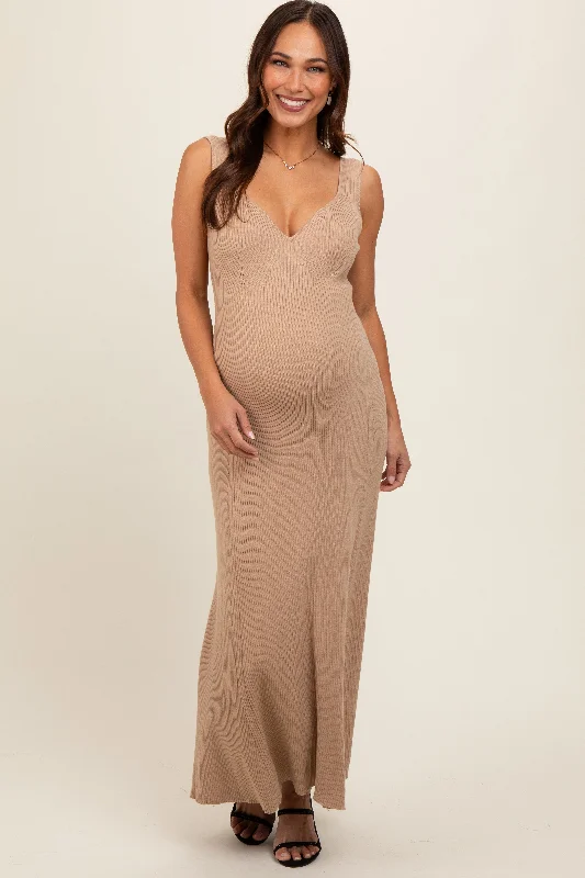 Beige Knit Deep V-Neck Maternity Maxi Dress Elegant Silk Maxi Dress