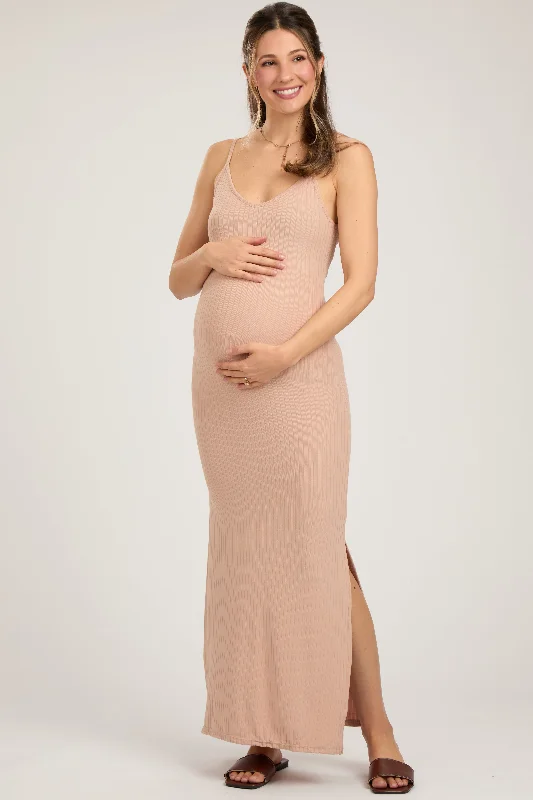 Beige Ribbed Side Slit Maternity Maxi Dress Trendy Satin Maxi Dress