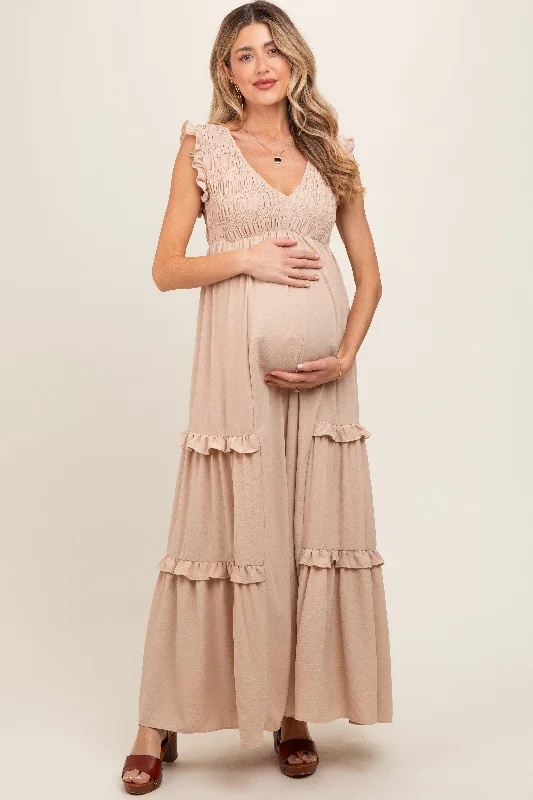 Beige Smocked Ruffle V-Neck Maternity Maxi Dress Elegant Tiered Maxi Dress