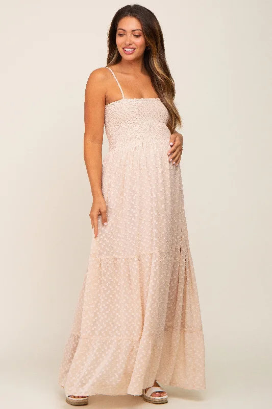 Beige Textured Dot Chiffon Sleeveless Maternity Maxi Dress Comfortable Long-Sleeve Maxi Dress