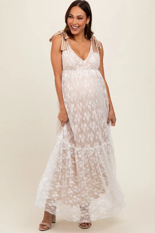 Beige V-Neck Satin Tie Lace Overlay Maternity Maxi Dress Classic Solid Maxi Dress