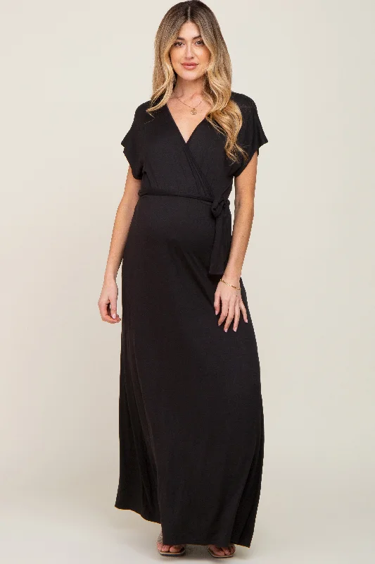 Black Basic Maternity Wrap Maxi Dress Stylish Maxi Dress with Pleats