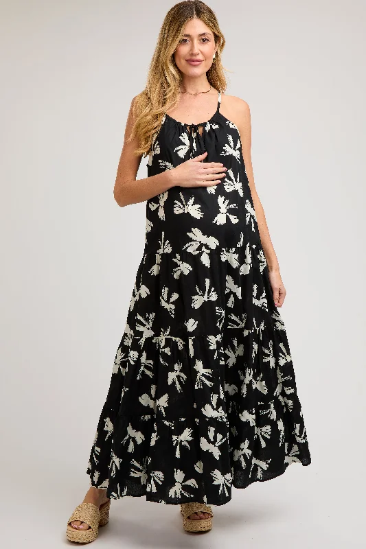 Black Bow Print Halter Front Tie Tiered Maternity Maxi Dress Fashionable Faux Wrap Maxi Dress