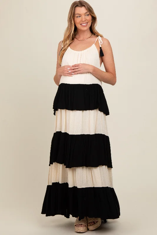 Black Colorblock Tiered Maternity Maxi Dress Cozy Cold-Shoulder Maxi Dress