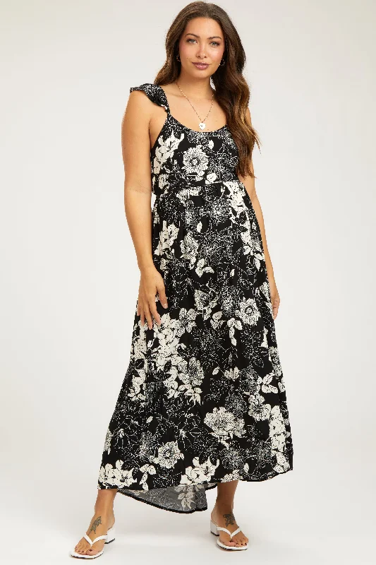 Black Floral Back Tie Maternity Maxi Dress Cozy Knit Maxi Dress