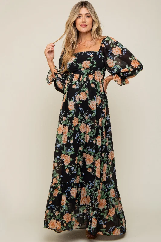 Black Floral Chiffon Square Neck 3/4 Ruffle Sleeve Maternity Maxi Dress Classic A-Line Maxi Dress