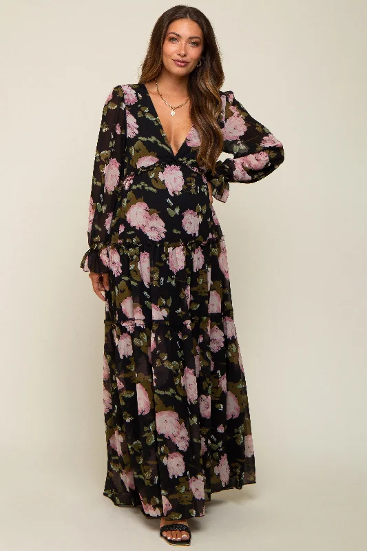 Black Floral Chiffon V-Neck Lettuce Edge Tiered Maternity Maxi Dress Comfortable Satin Maxi Dress