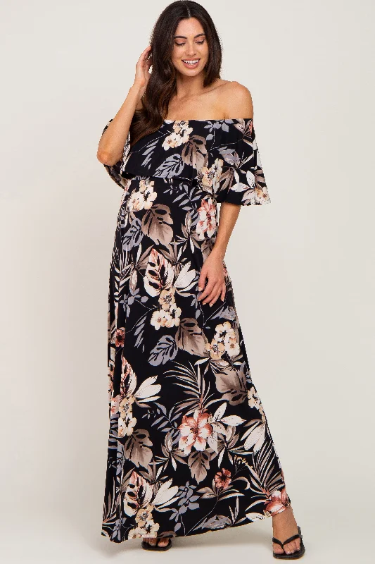 Black Floral Flounce Off Shoulder Maternity Maxi Dress Stylish Button-Up Maxi Dress