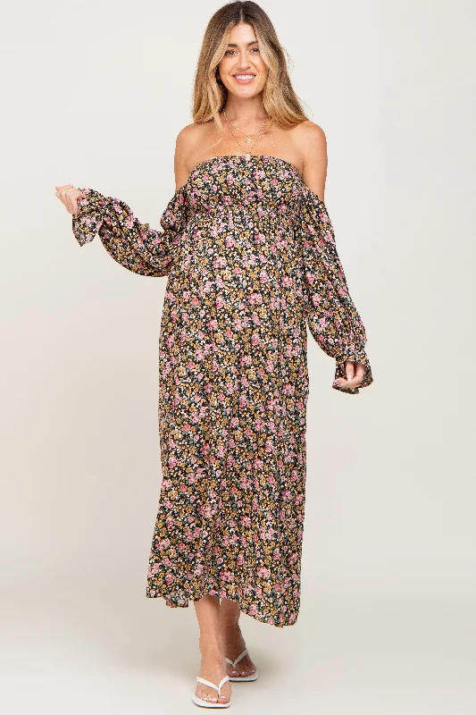 Black Floral Off Shoulder Long Sleeve Maternity Maxi Dress Cozy Knitted Maxi Dress