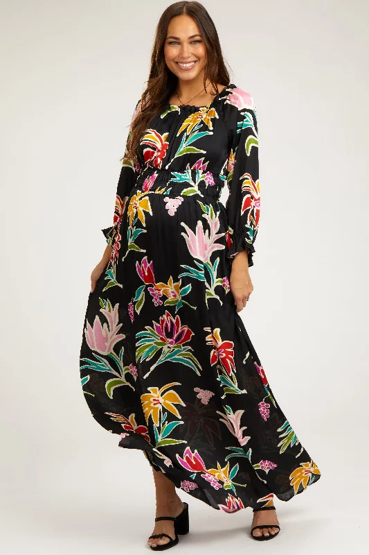 Black Floral Ruffle Neck Maternity Maxi Dress Stylish Long Sleeve Maxi Dress