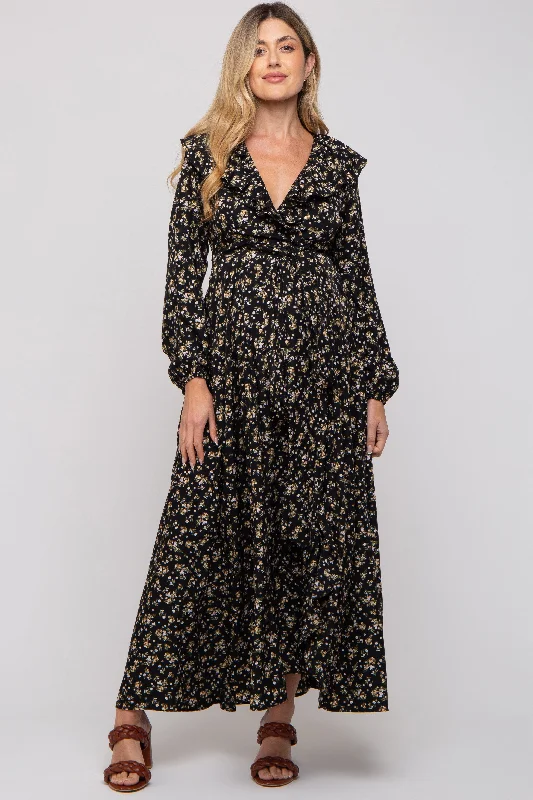 Black Floral Ruffle V-Neck Wrap Front Maternity Maxi Dress Comfortable Casual Maxi Dress