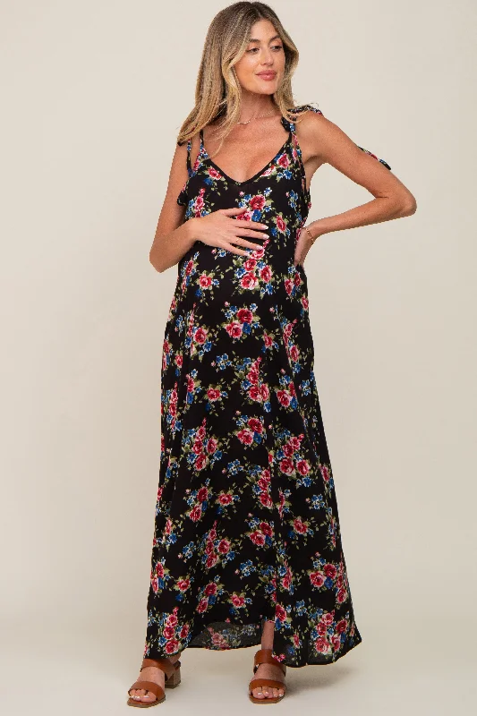 Black Floral Shoulder Tie Maternity Maxi Dress Cozy Maxi Dress with Slit