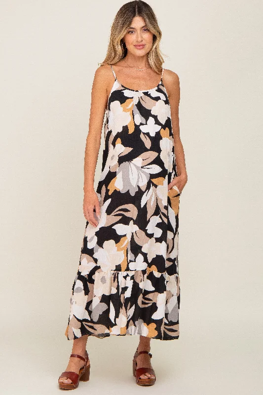 Black Floral Sleeveless Maternity Maxi Dress Elegant Wraparound Maxi Dress