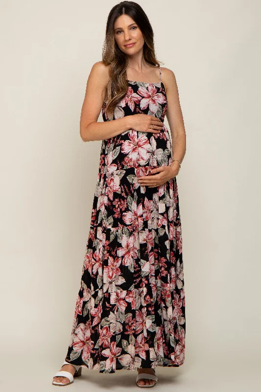 Black Floral Square Neck Tiered Maternity Maxi Dress Chic Summer Maxi Dress