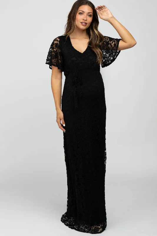 Black Lace Front Tie Maternity Maxi Dress Elegant Floral Maxi Dress